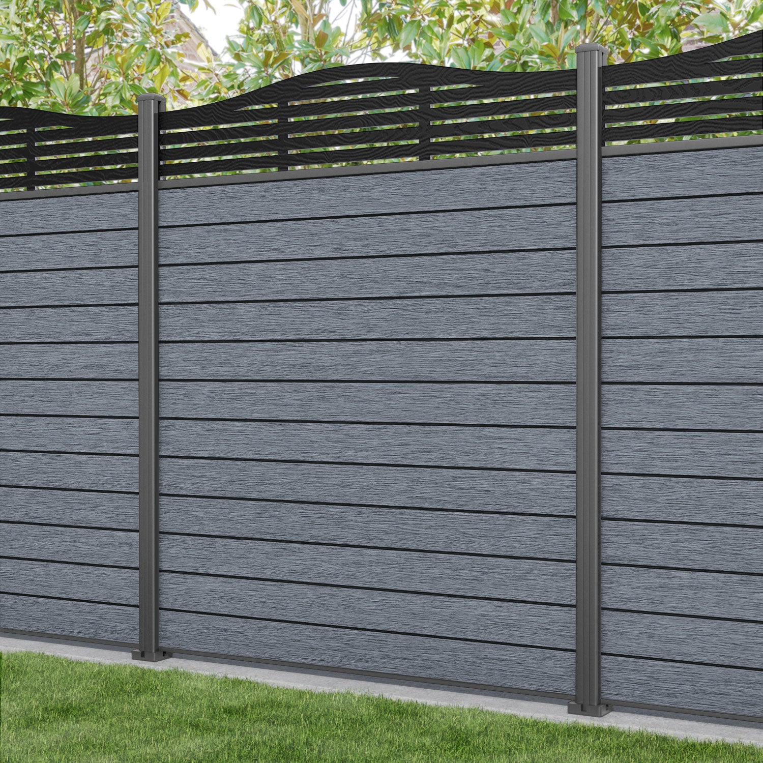 Fusion Aspen Curved Top Fence Panel - Anthracite - with our aluminium posts