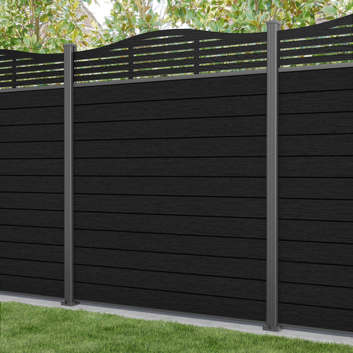 Fusion Aspen Curved Top Fence Panel - Black - with our aluminium posts