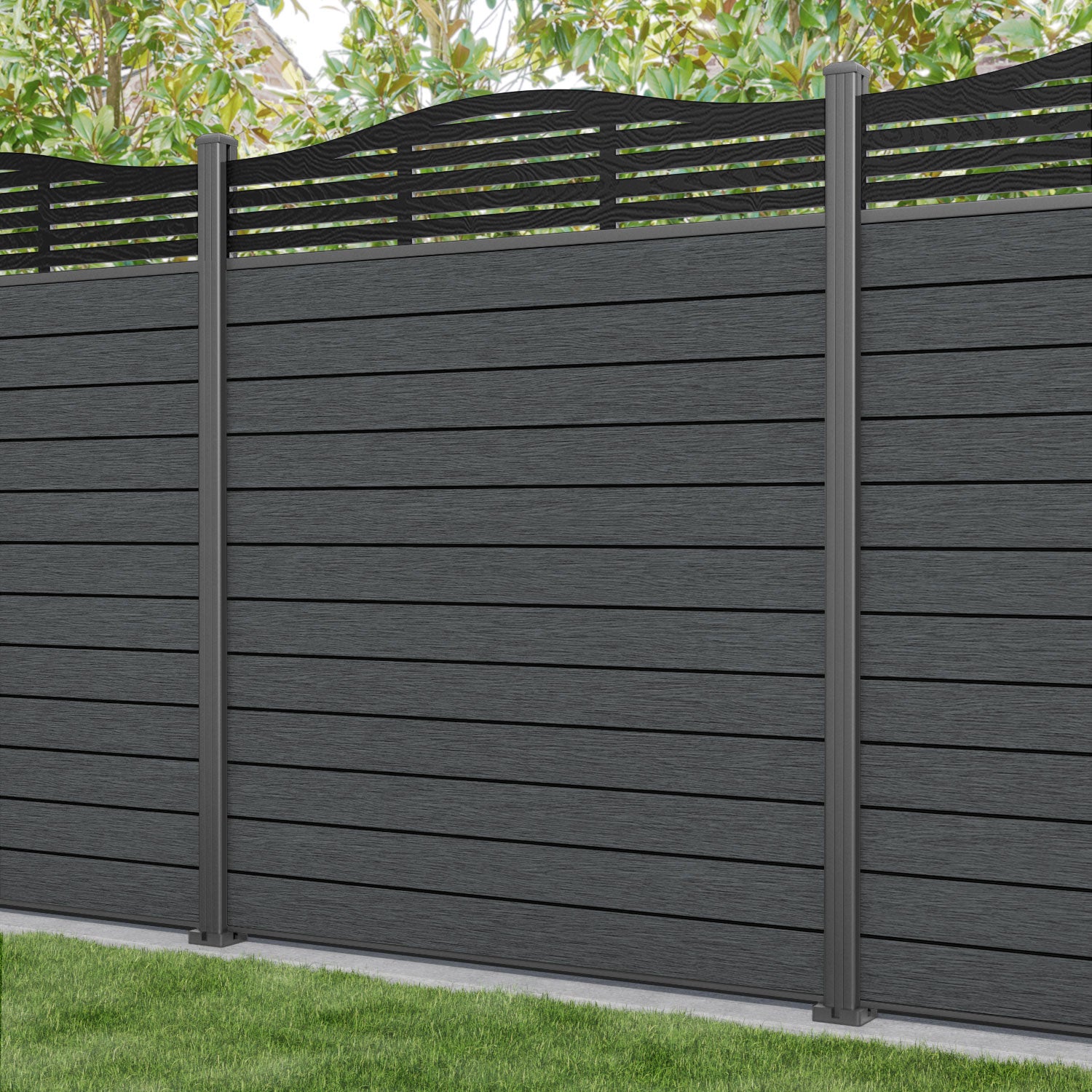 Fusion Aspen Curved Top Fence Panel - Dark Grey - with our aluminium posts