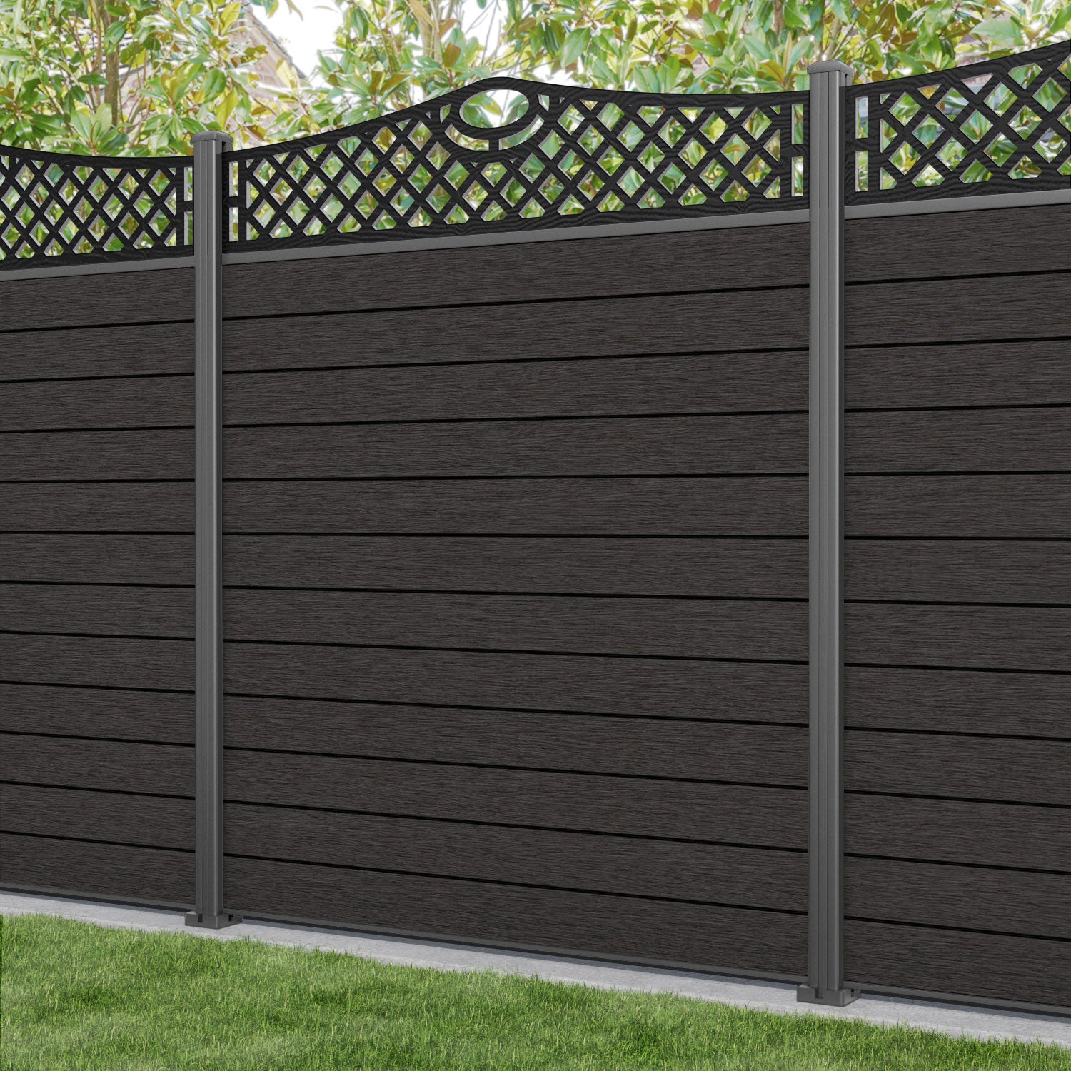 Fusion Oxford Curved Top Fence Panel - Dark Oak - with our aluminium posts