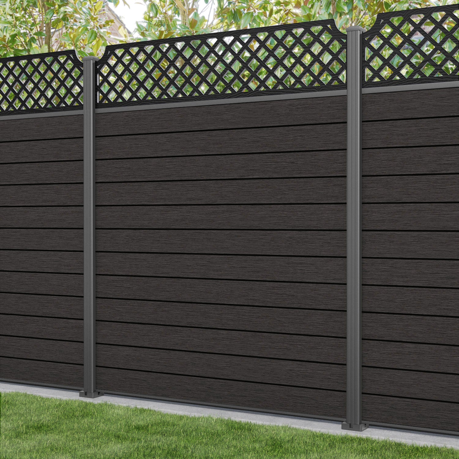 Fusion Regal Hive Fence Panel - Dark Oak - with our aluminium posts