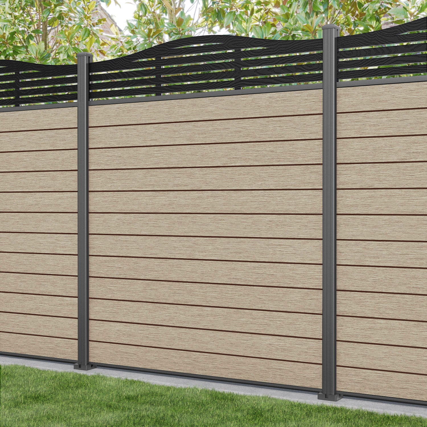 Fusion Aspen Curved Top Fence Panel - Light Oak - with our aluminium posts