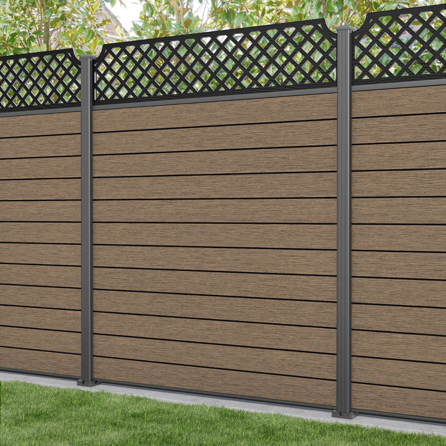 Fusion Regal Hive Fence Panel - Teak - with our aluminium posts