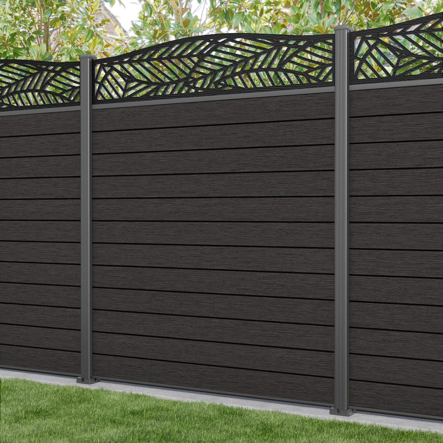 Fusion Habitat Curved Top Fence Panel - Dark Oak - with our aluminium posts
