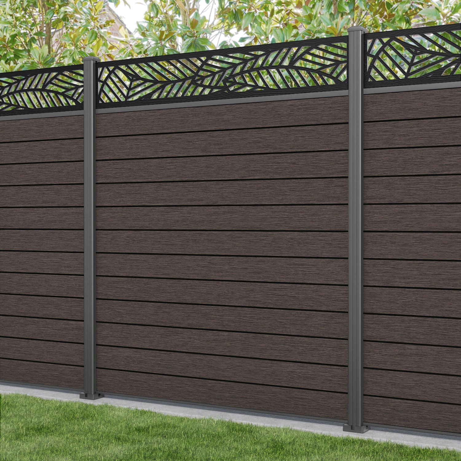 Fusion Habitat Fence Panel - Mid Brown - with our aluminium posts