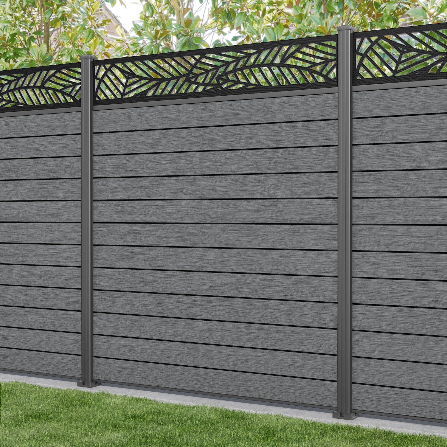 Fusion Habitat Fence Panel - Mid Grey - with our aluminium posts