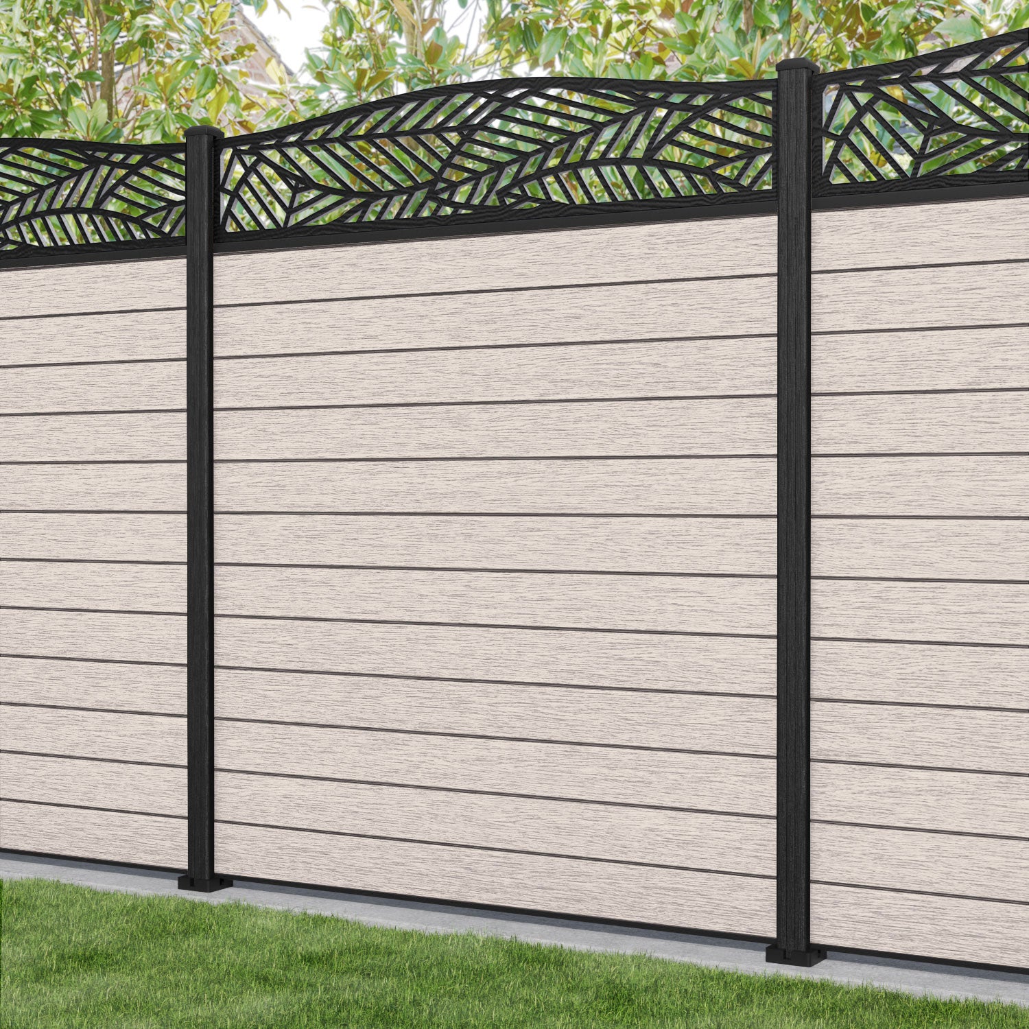 Fusion Habitat Curved Top Fence Panel - Mid Stone - with our composite posts
