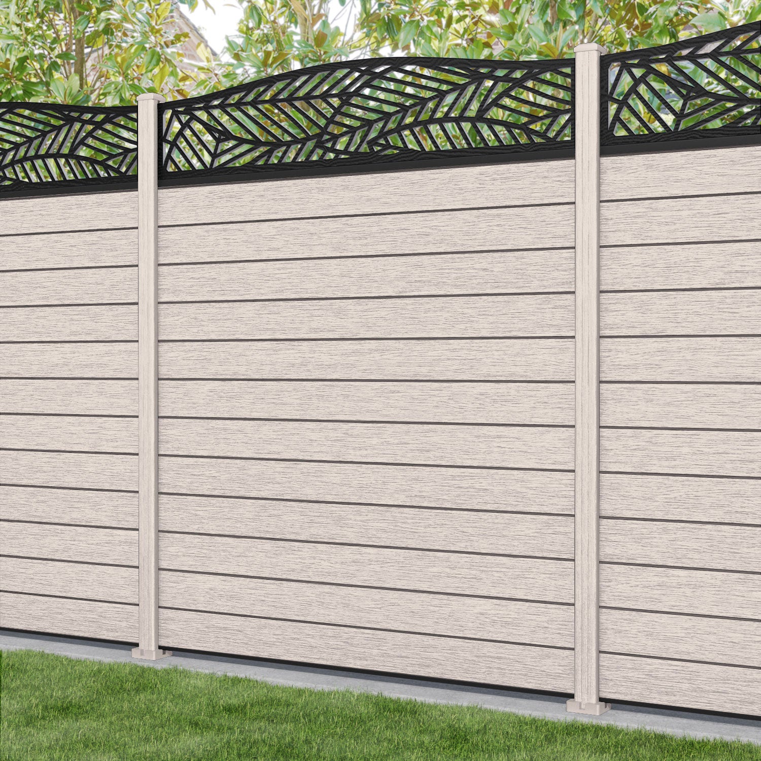 Fusion Habitat Curved Top Fence Panel - Mid Stone - with our composite posts
