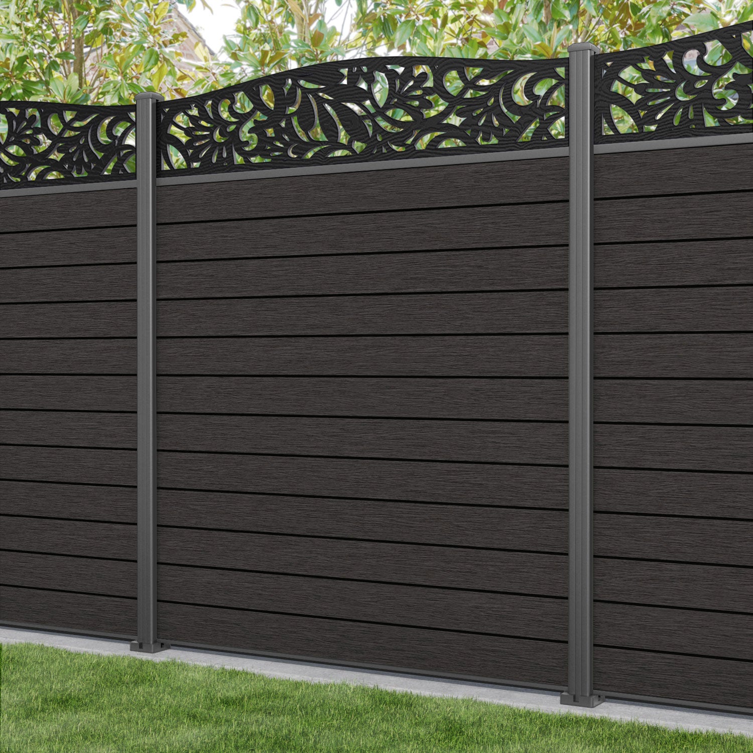 Fusion Heritage Curved Top Fence Panel - Dark Oak - with our aluminium posts