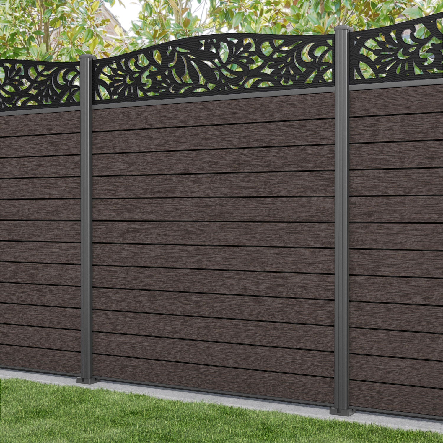 Fusion Heritage Curved Top Fence Panel - Mid Brown - with our aluminium posts
