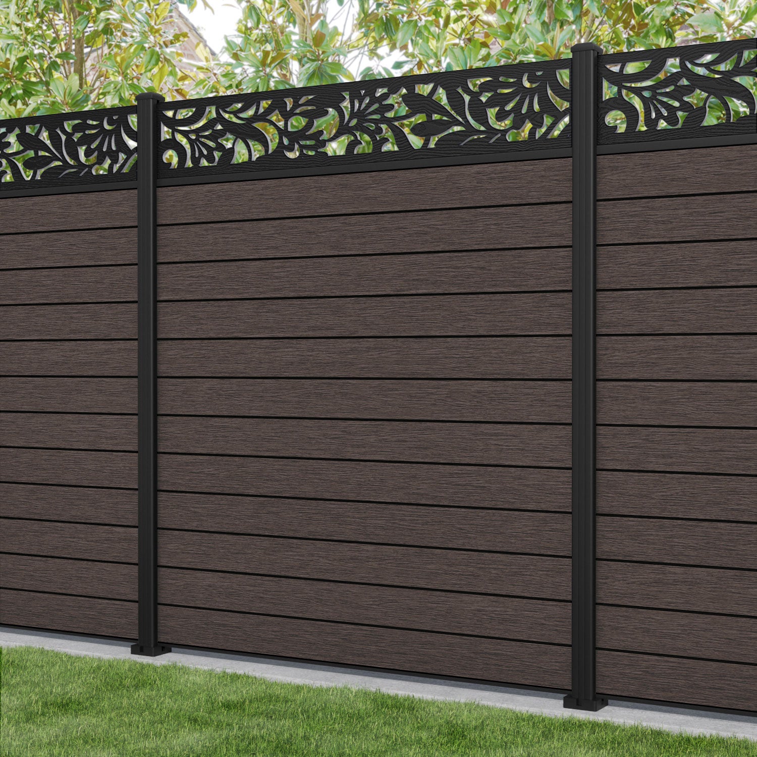 Fusion Heritage Fence Panel - Mid Brown - with our aluminium posts