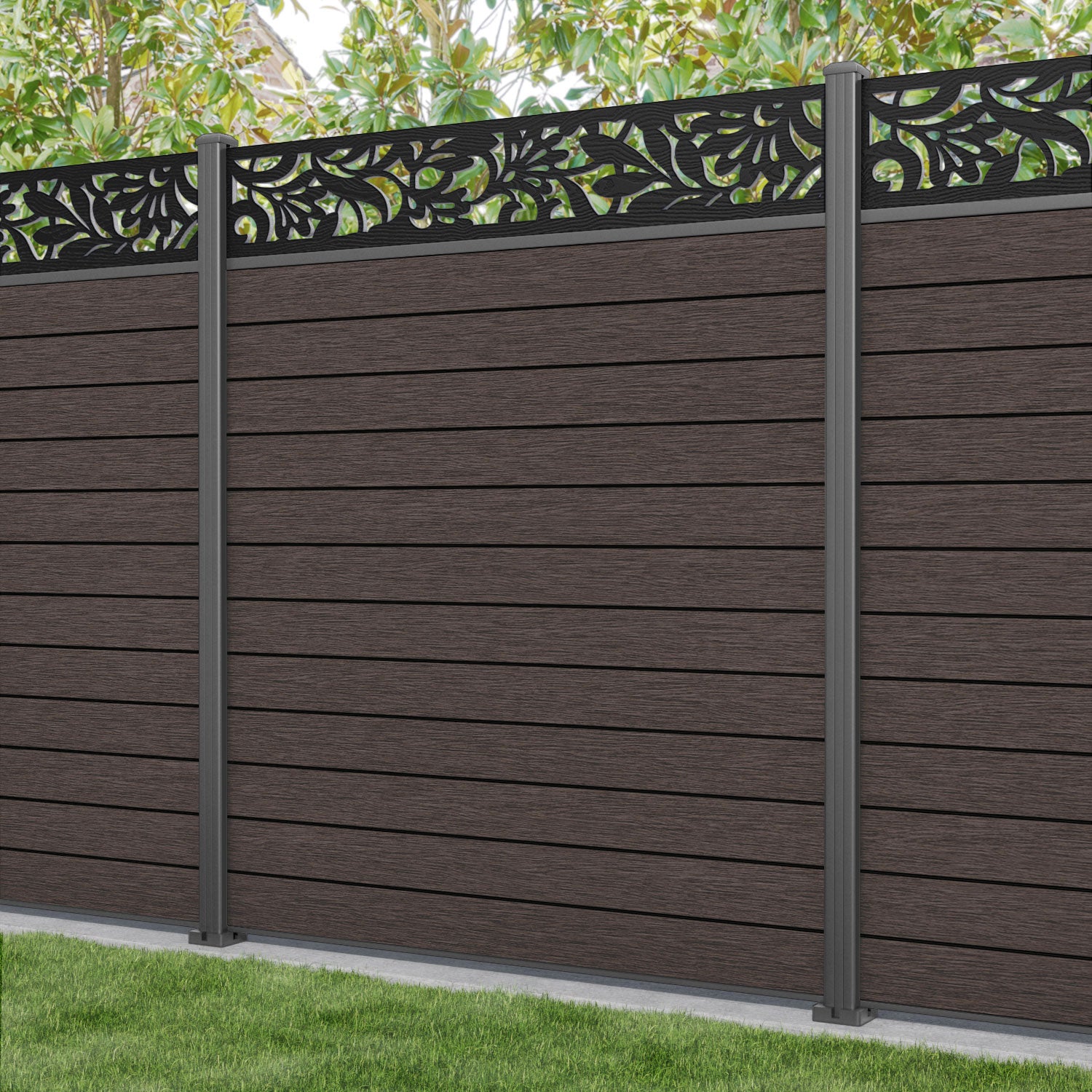 Fusion Heritage Fence Panel - Mid Brown - with our aluminium posts