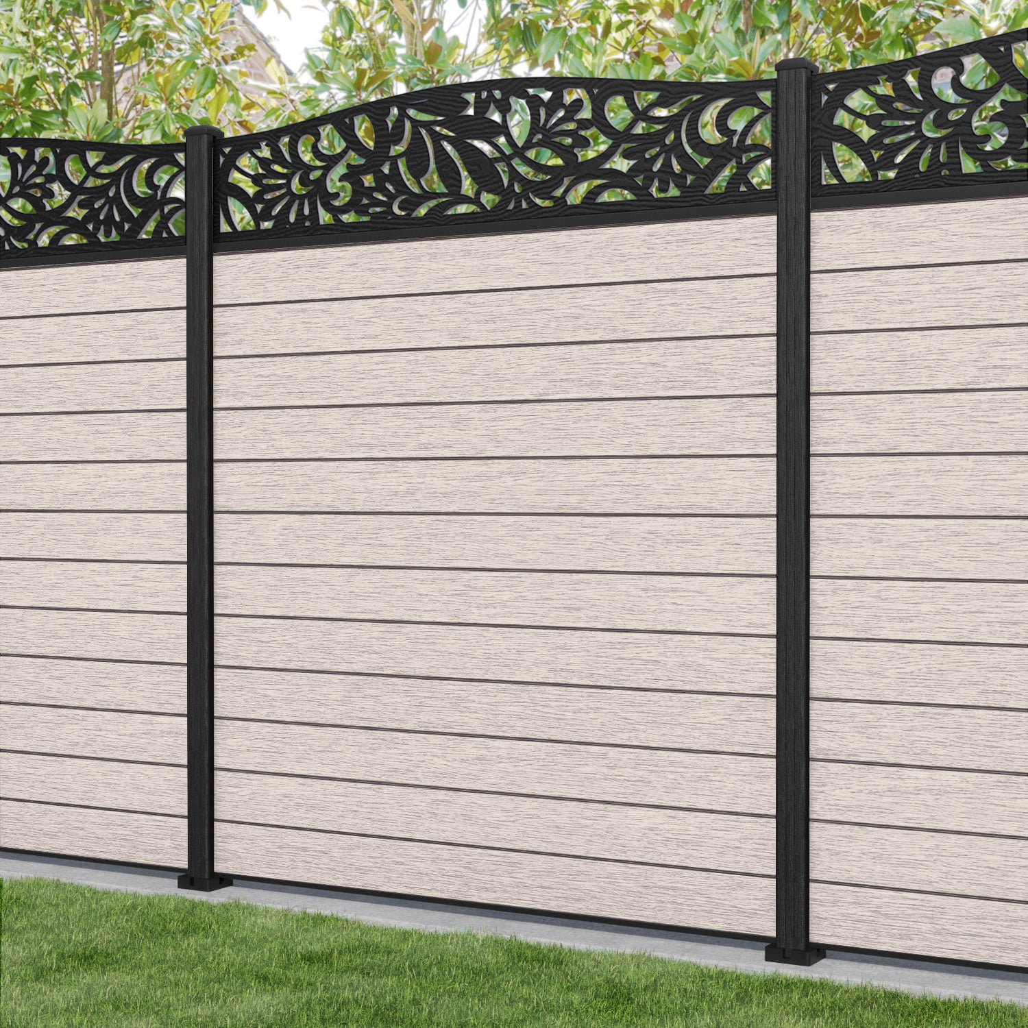 Fusion Heritage Curved Top Fence Panel - Mid Stone - with our composite posts