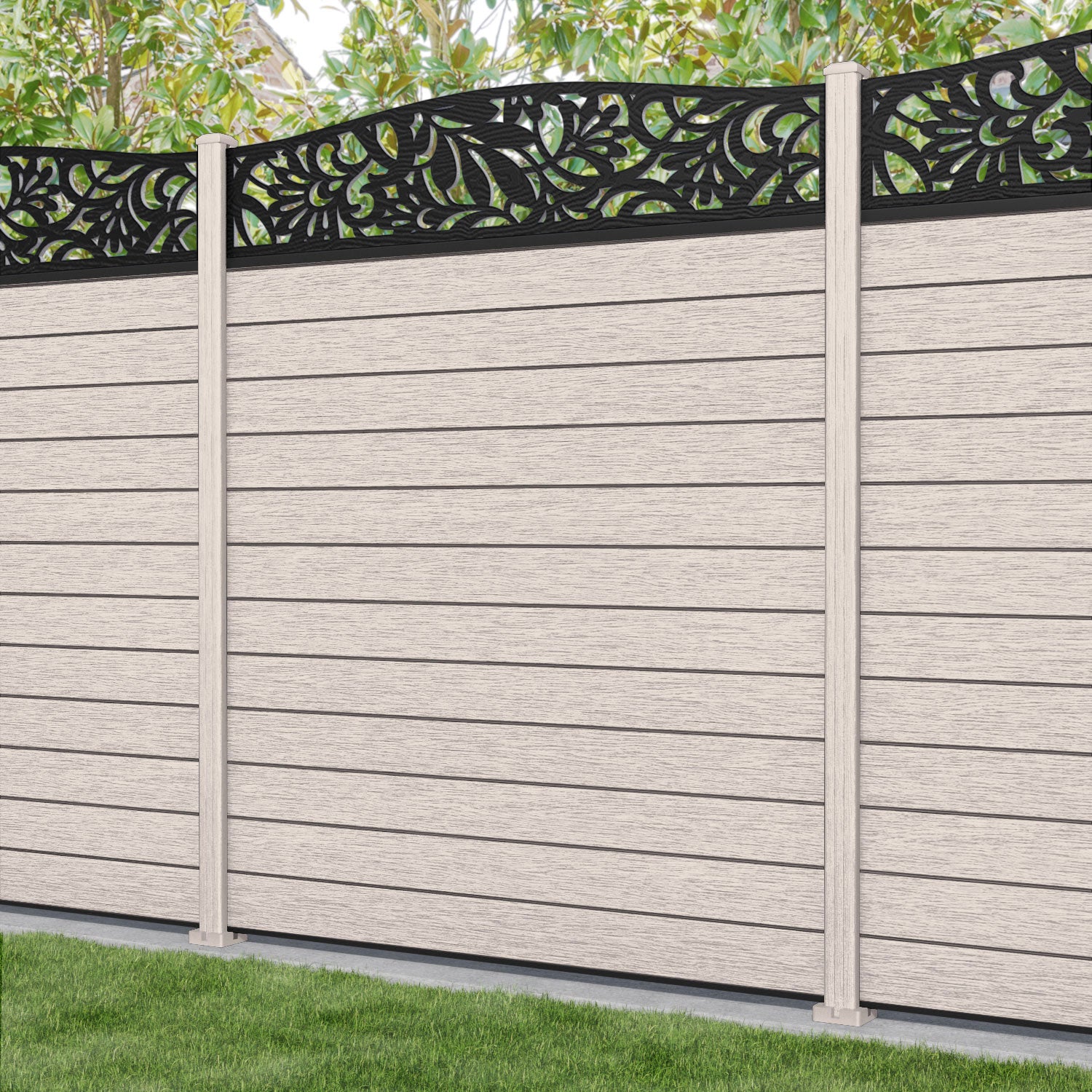 Fusion Heritage Curved Top Fence Panel - Mid Stone - with our composite posts