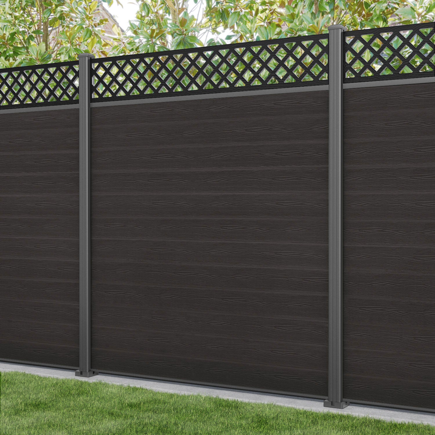 Classic Hive Fence Panel - Dark Oak - with our aluminium posts