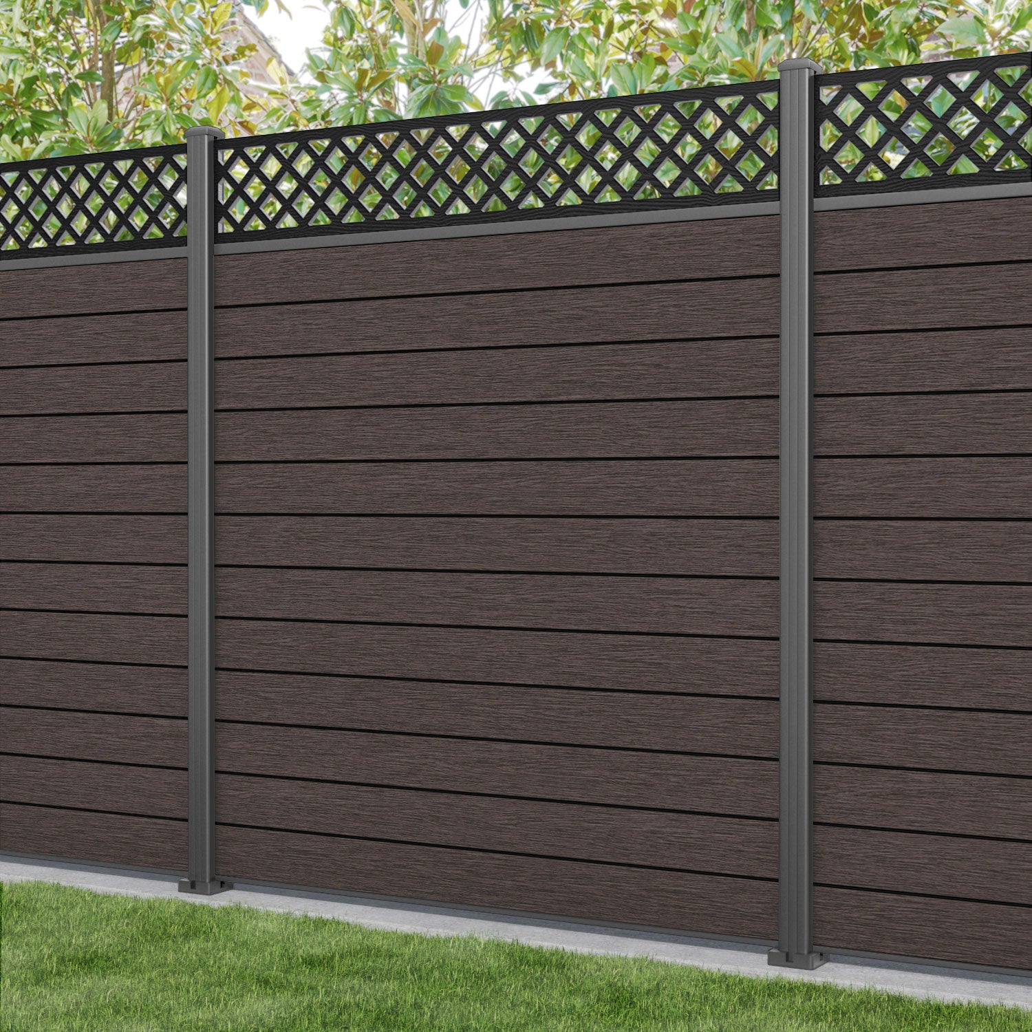 Fusion Hive Fence Panel - Mid Brown - with our aluminium posts