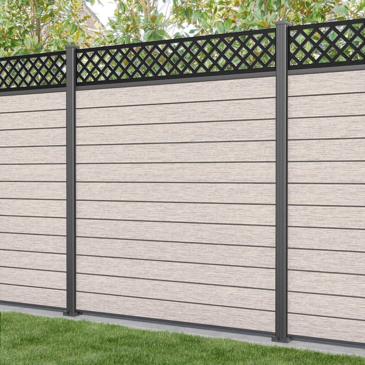 Fusion Hive Fence Panel - Mid Stone - with our aluminium posts