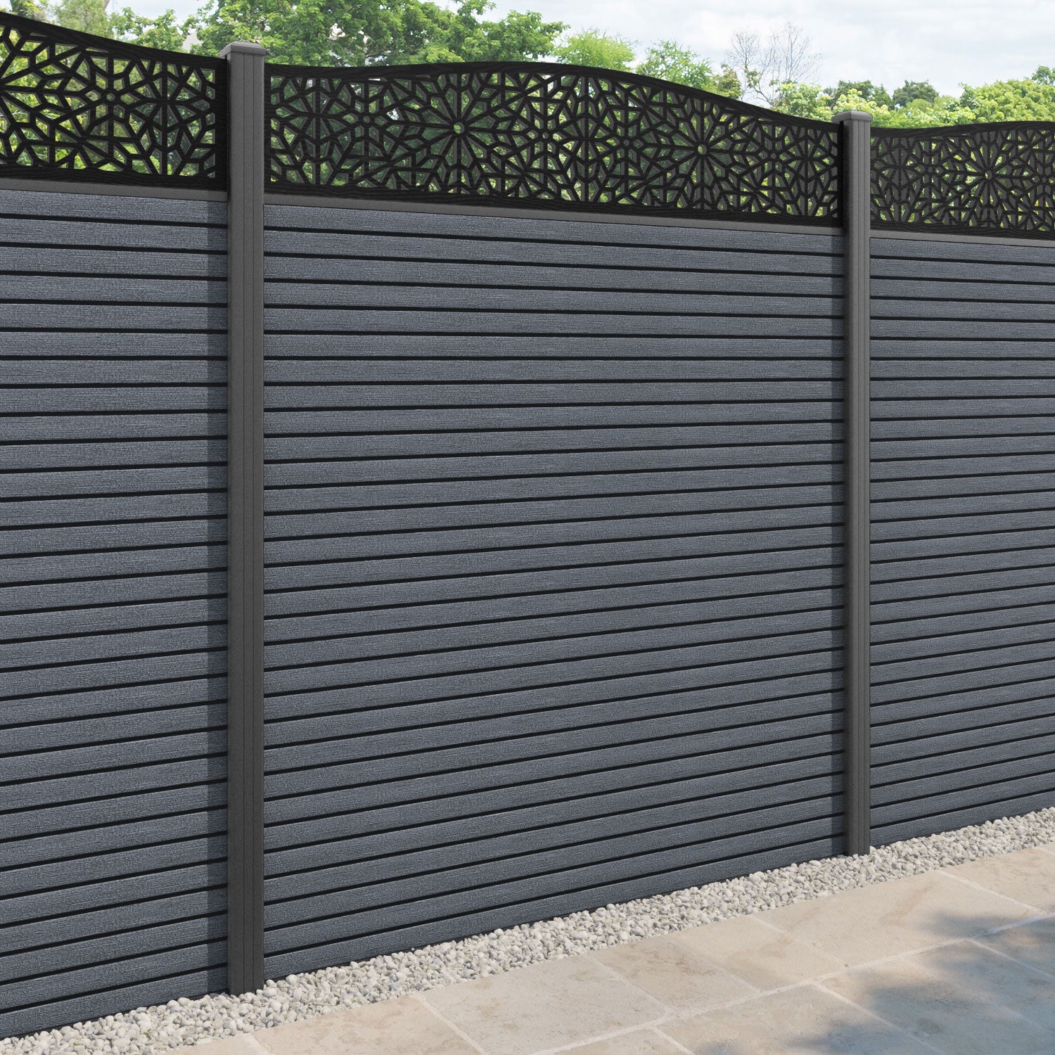 Hudson Alnara Curved Top Fence Panel - Anthracite - with our aluminium posts