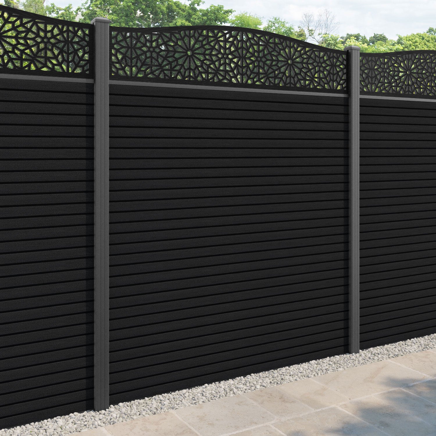 Hudson Alnara Curved Top Fence Panel - Black - with our aluminium posts