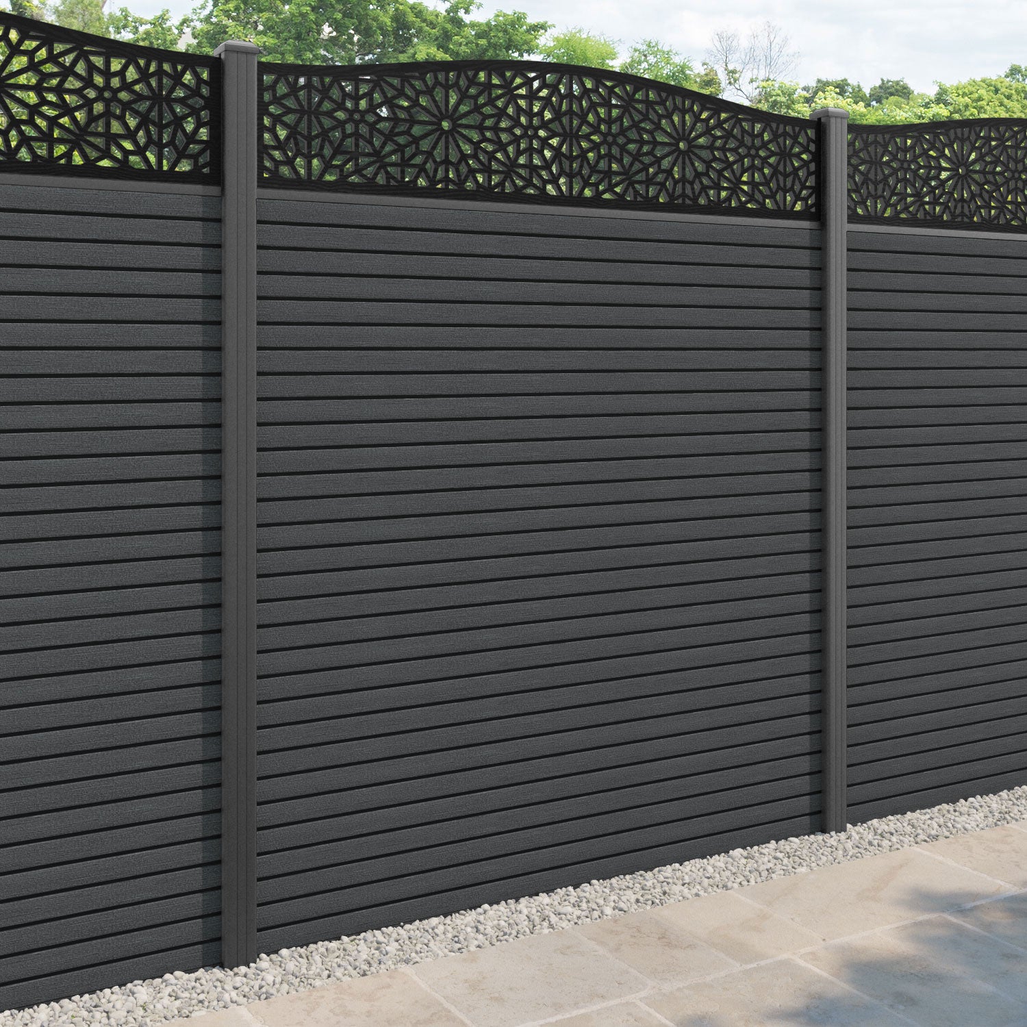 Hudson Alnara Curved Top Fence Panel - Dark Grey - with our aluminium posts