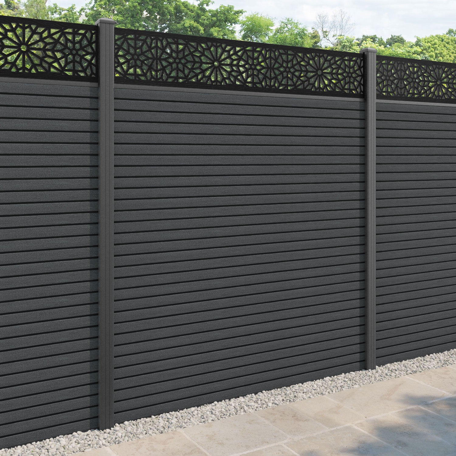 Hudson Alnara Fence Panel - Dark Grey - with our aluminium posts
