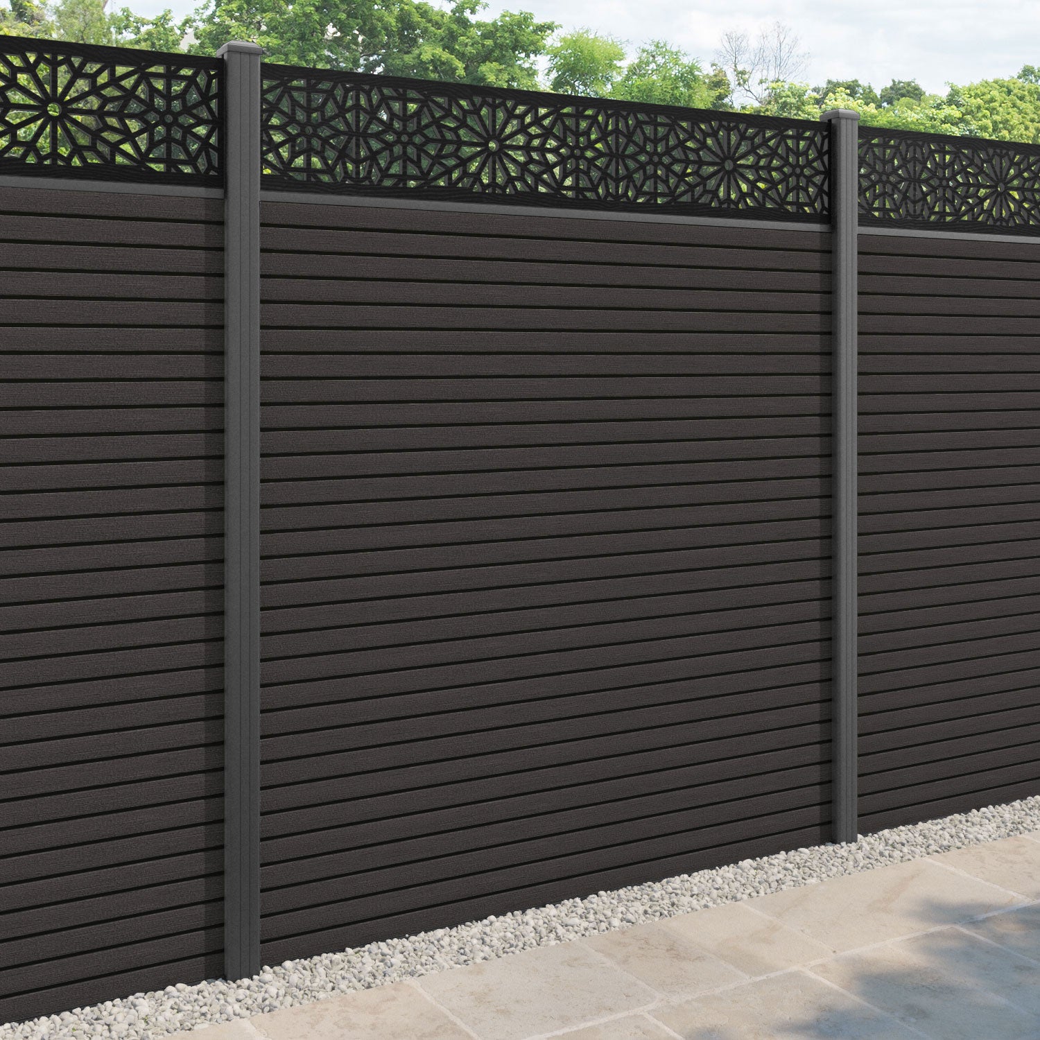 Hudson Alnara Fence Panel - Dark Oak - with our aluminium posts