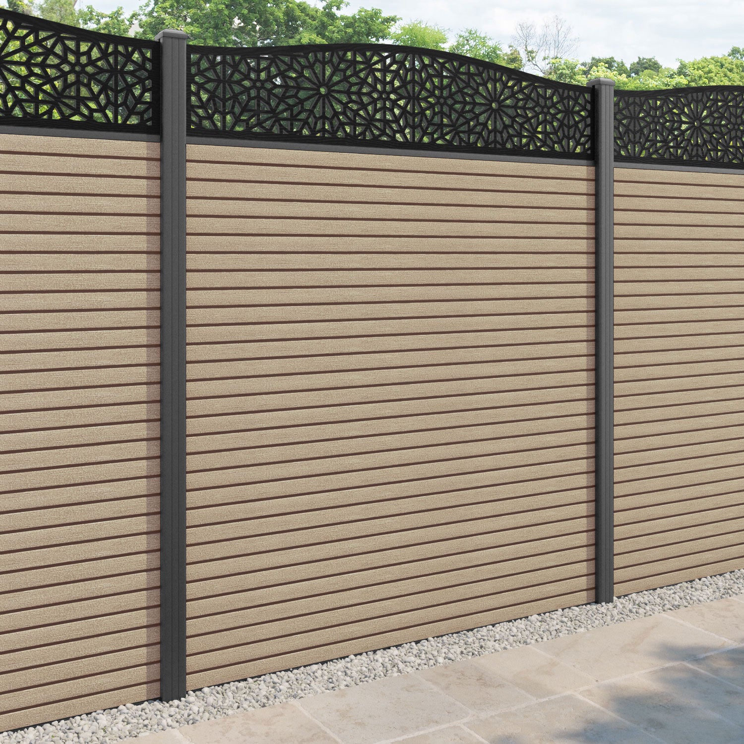 Hudson Alnara Curved Top Fence Panel - Light Oak - with our aluminium posts