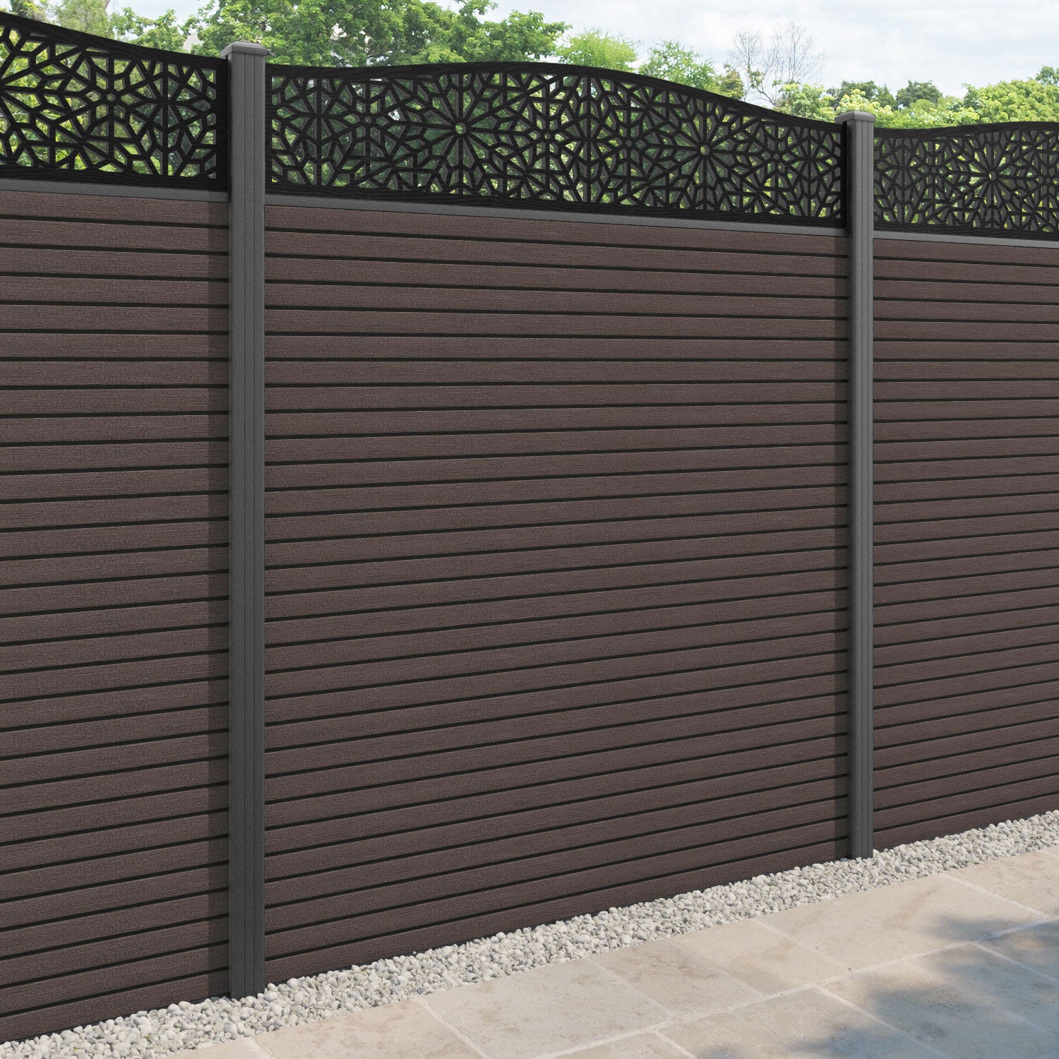 Hudson Alnara Curved Top Fence Panel - Mid Brown - with our aluminium posts