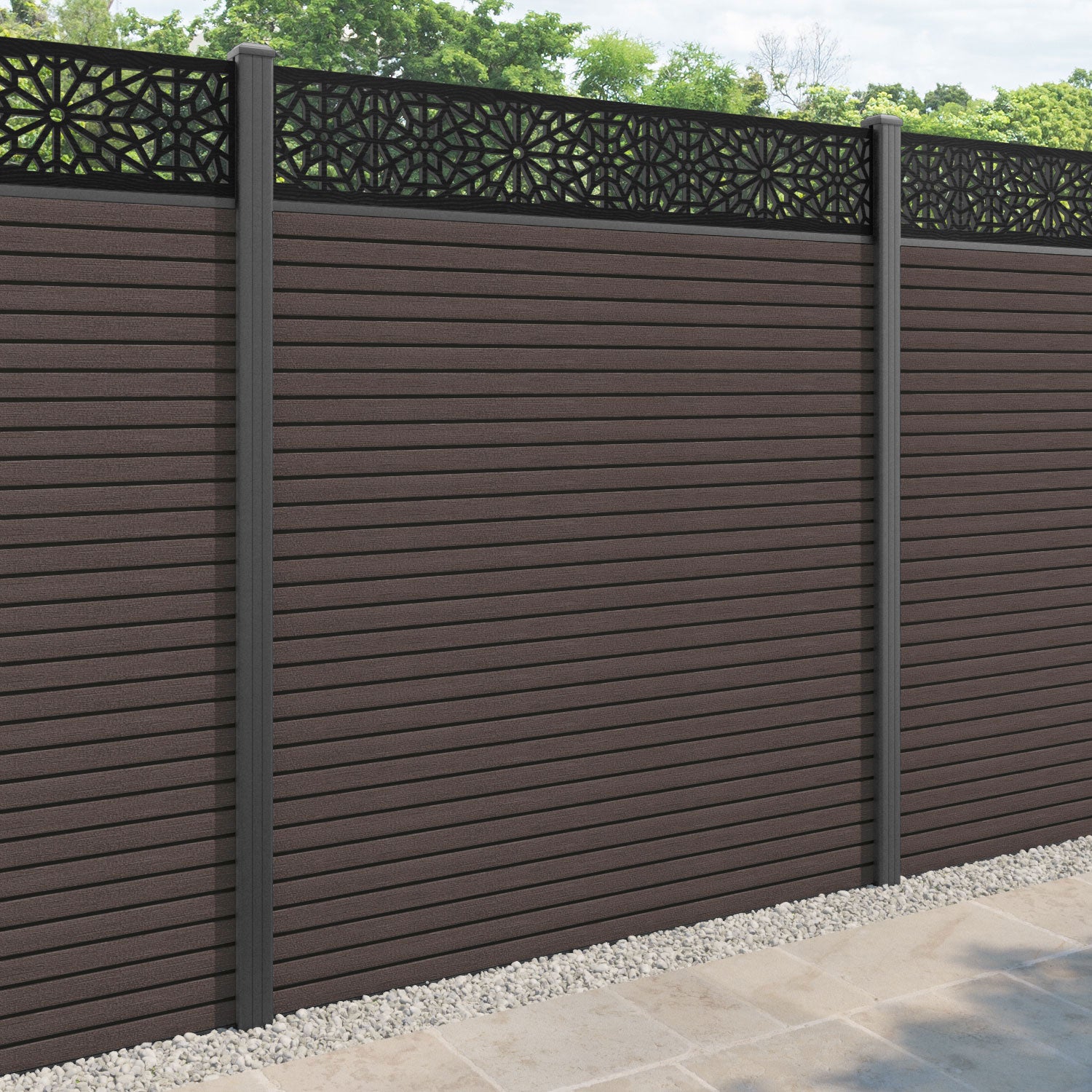 Hudson Alnara Fence Panel - Mid Brown - with our aluminium posts