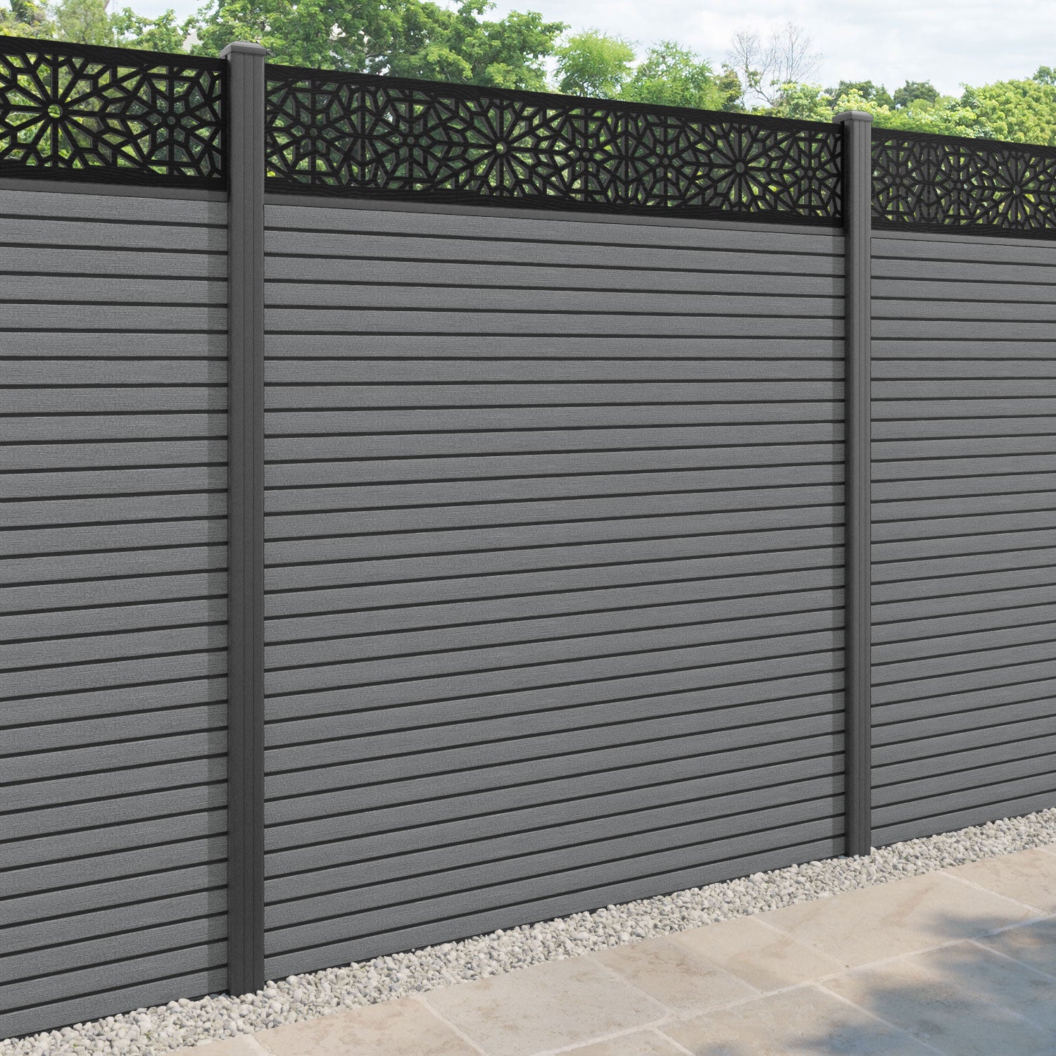 Hudson Alnara Fence Panel - Mid Grey - with our aluminium posts