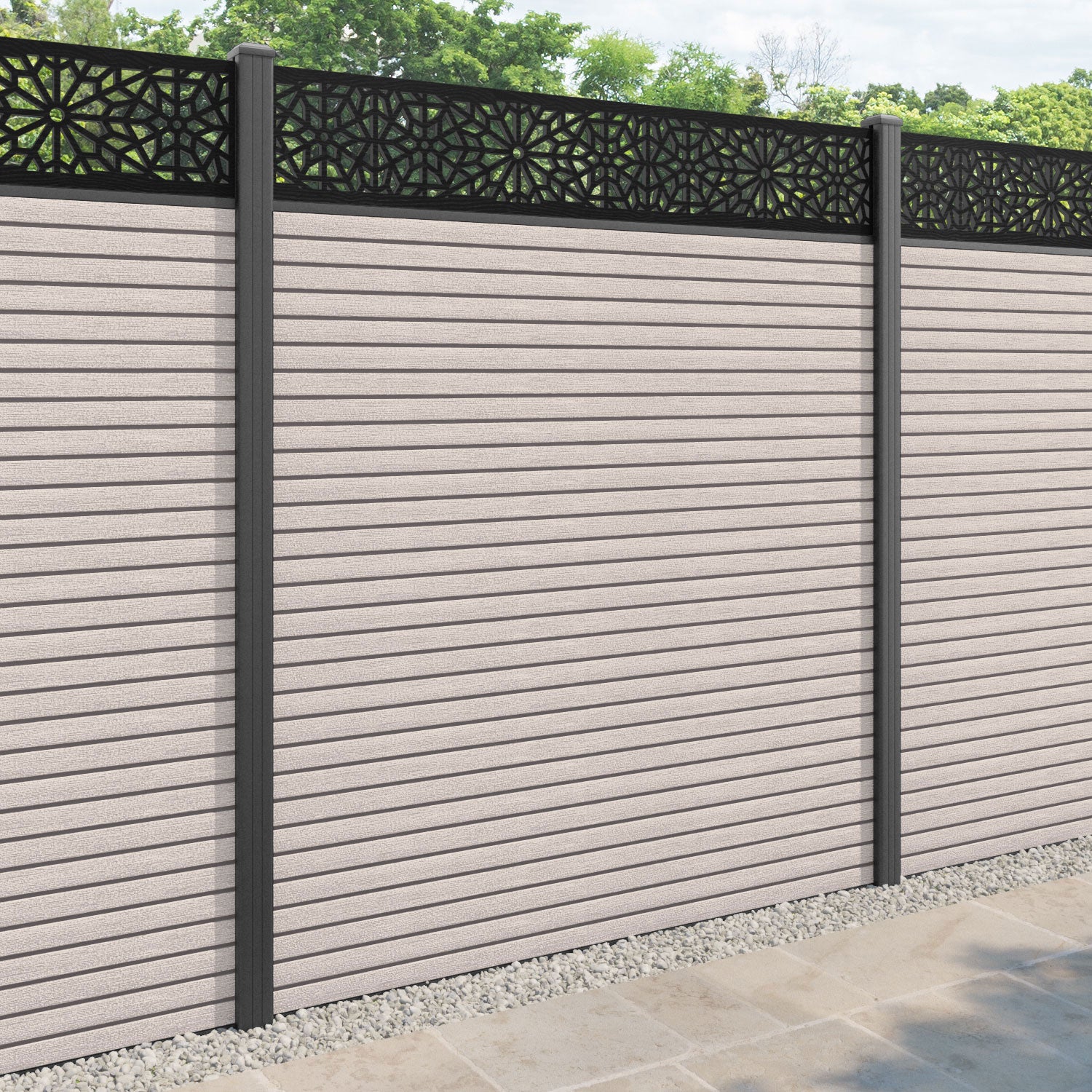 Hudson Alnara Fence Panel - Mid Stone - with our aluminium posts