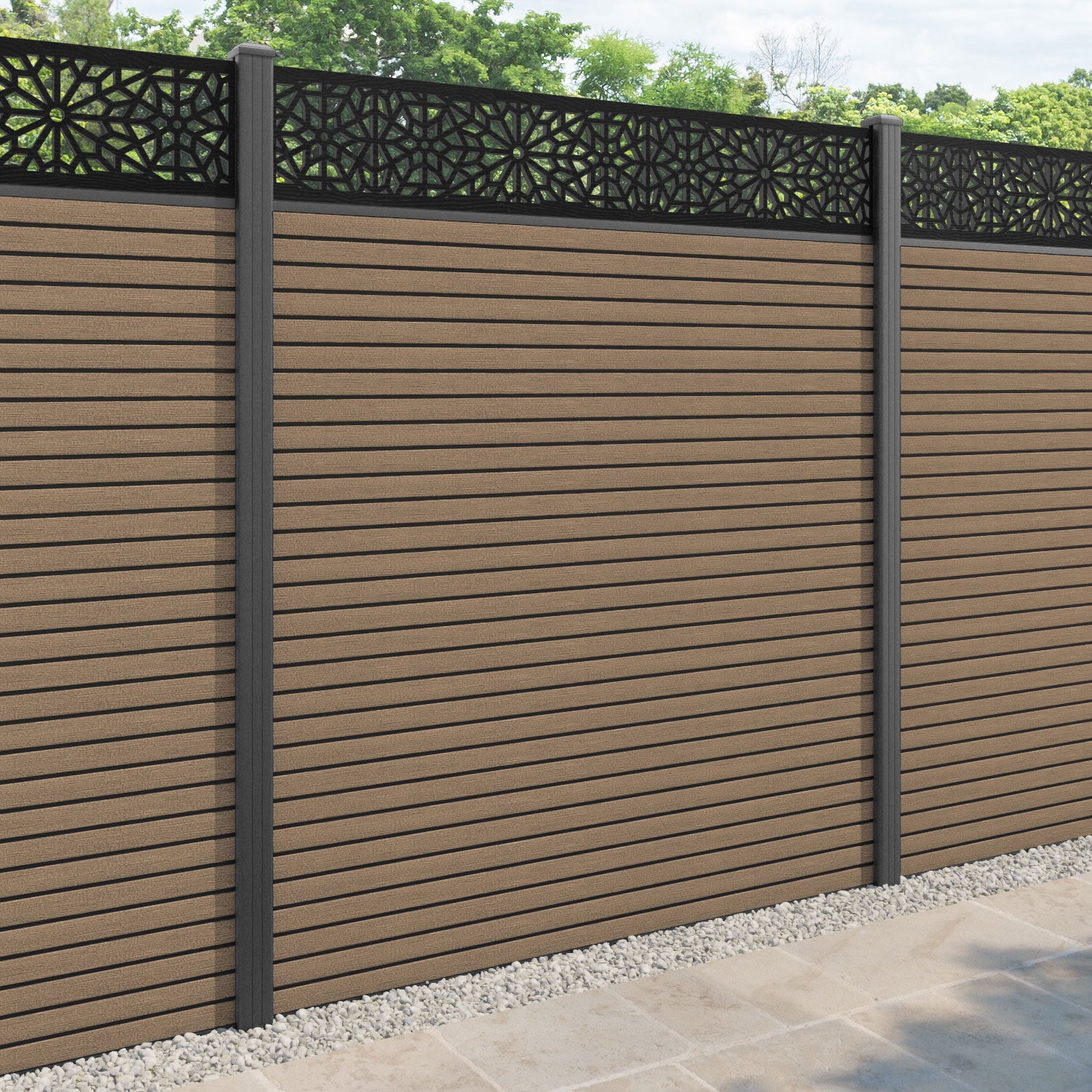 Hudson Alnara Fence Panel - Teak - with our aluminium posts