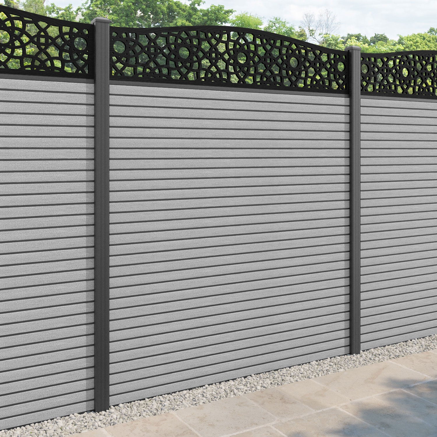Hudson Ambar Curved Top Fence Panel - Light Grey - with our aluminium posts