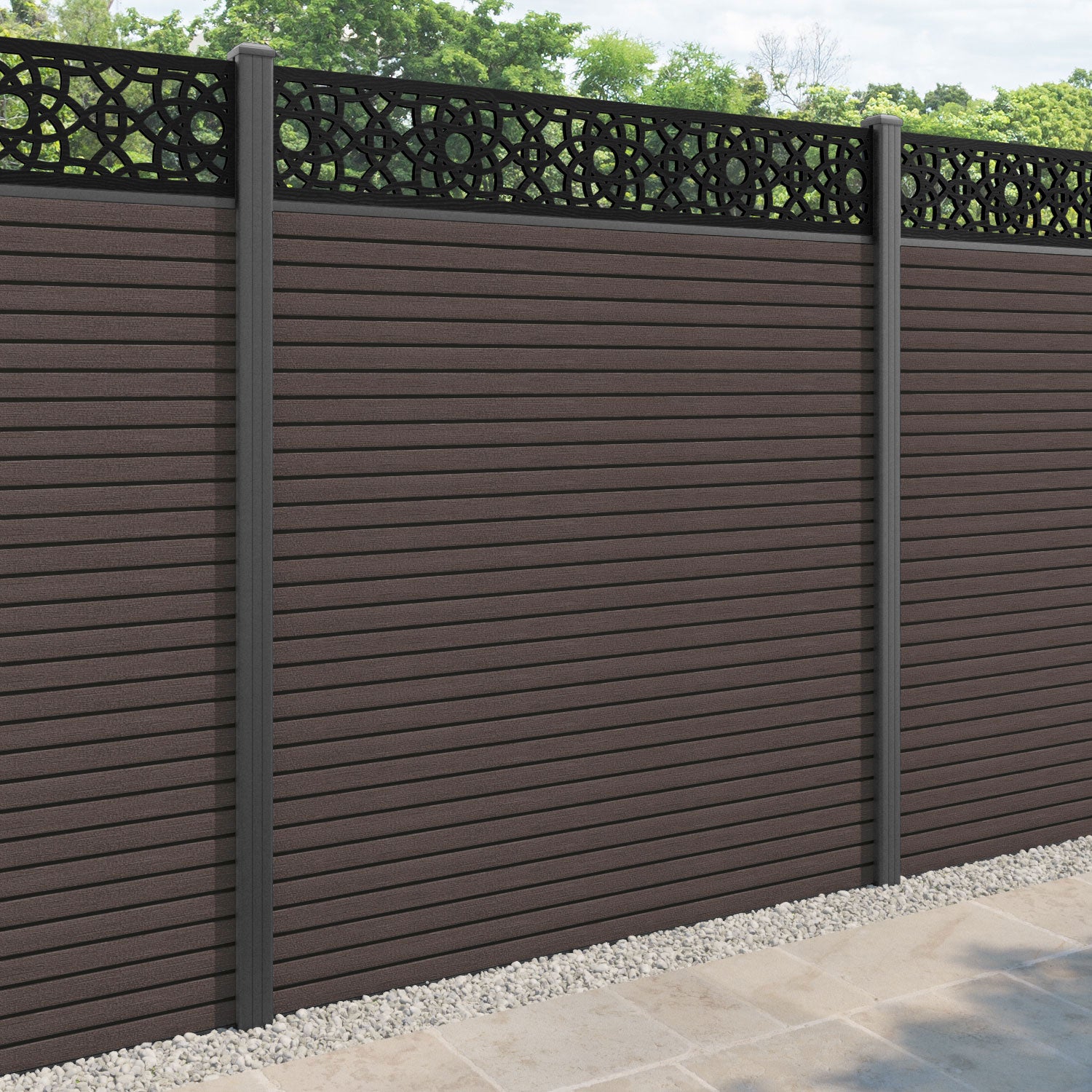 Hudson Ambar Fence Panel - Mid Brown - with our aluminium posts