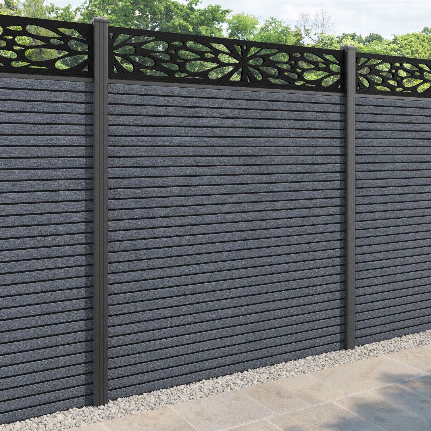 Hudson Blossom Fence Panel - Anthracite - with our aluminium posts