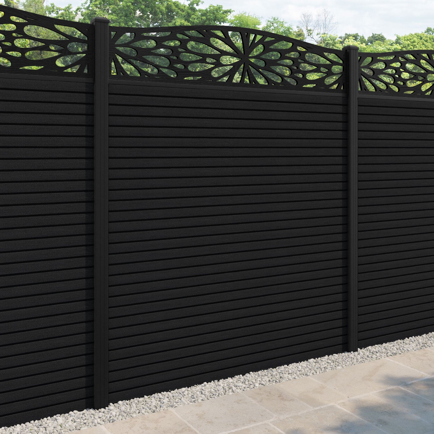 Hudson Blossom Curved Top Fence Panel - Black - with our aluminium posts