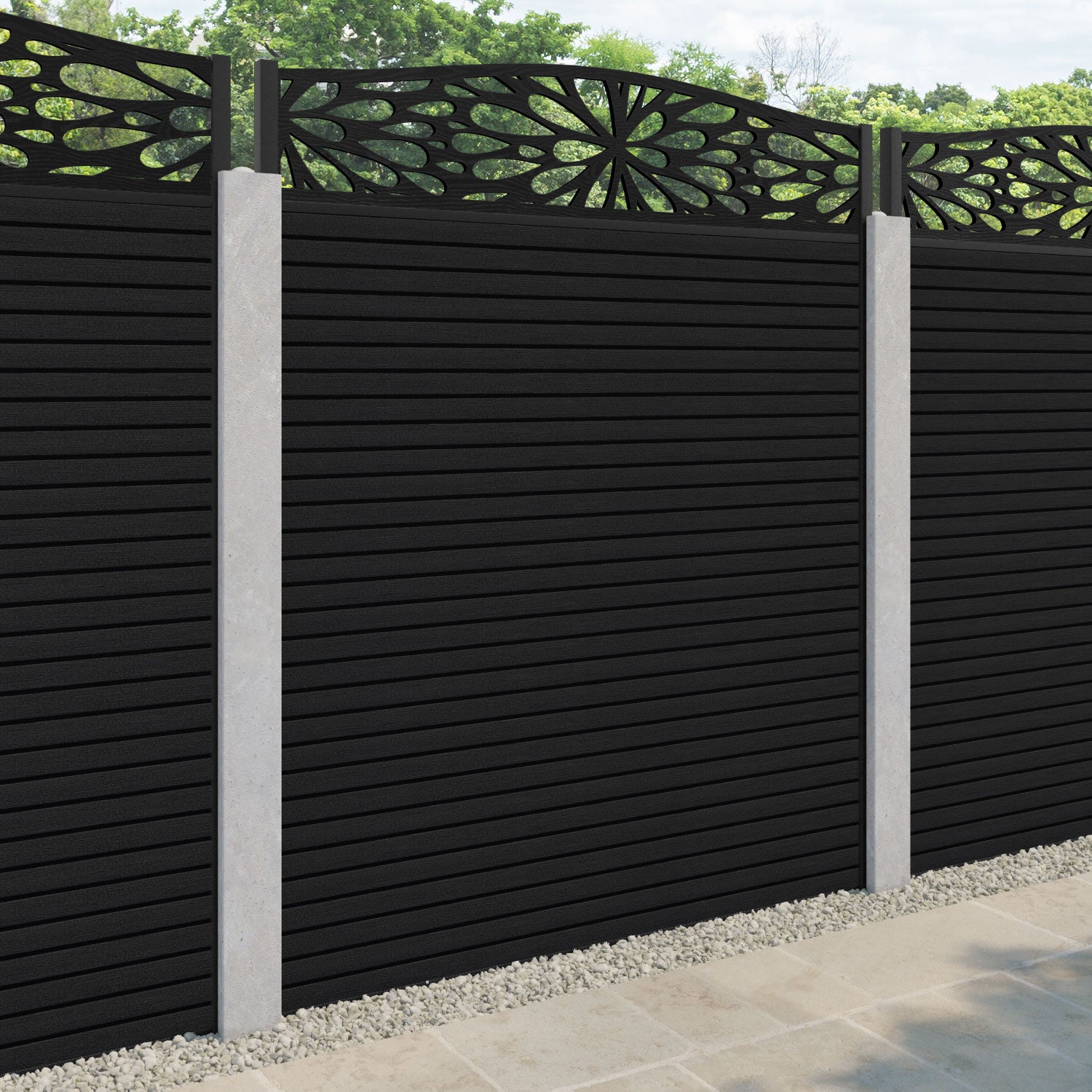 Hudson Blossom Curved Top Fence Panel - Black - for existing concrete posts