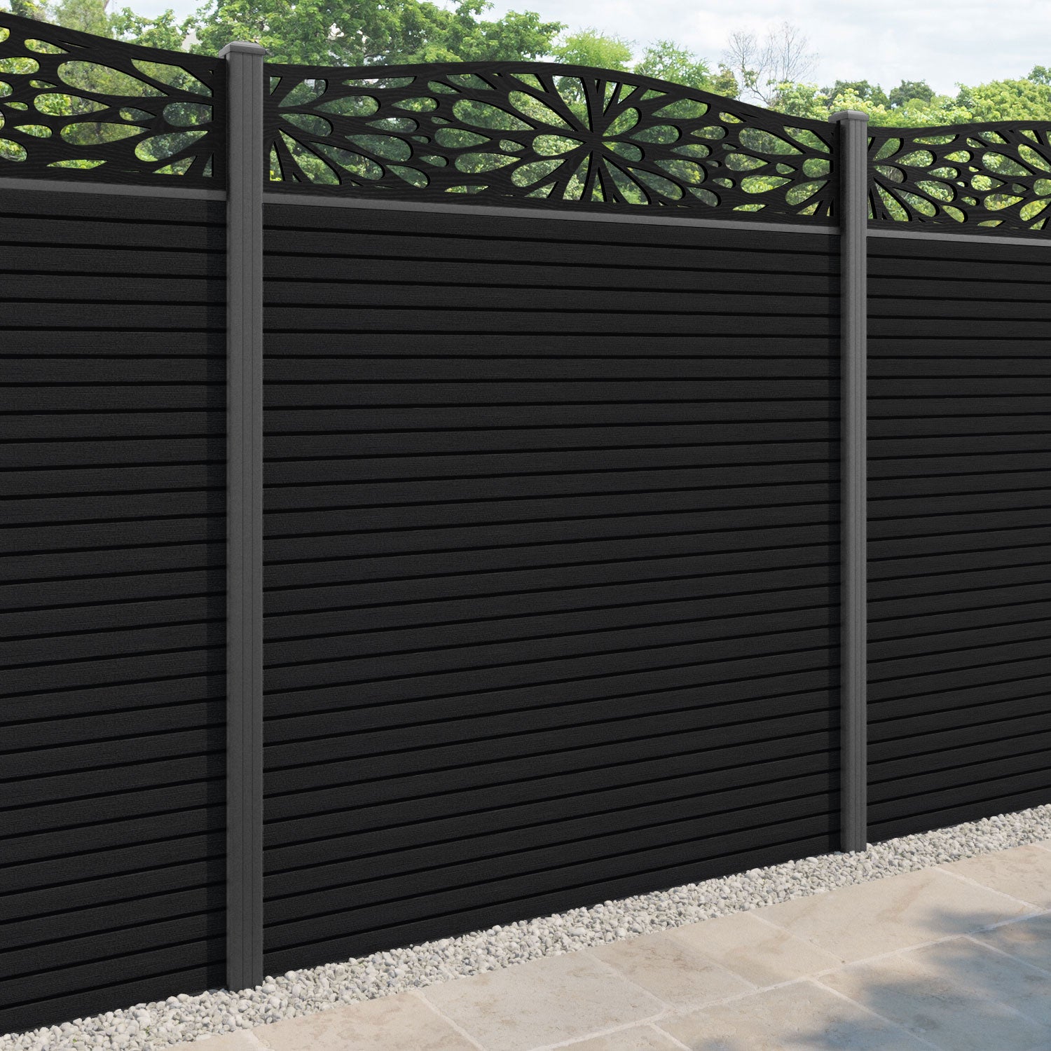 Hudson Blossom Curved Top Fence Panel - Black - with our aluminium posts