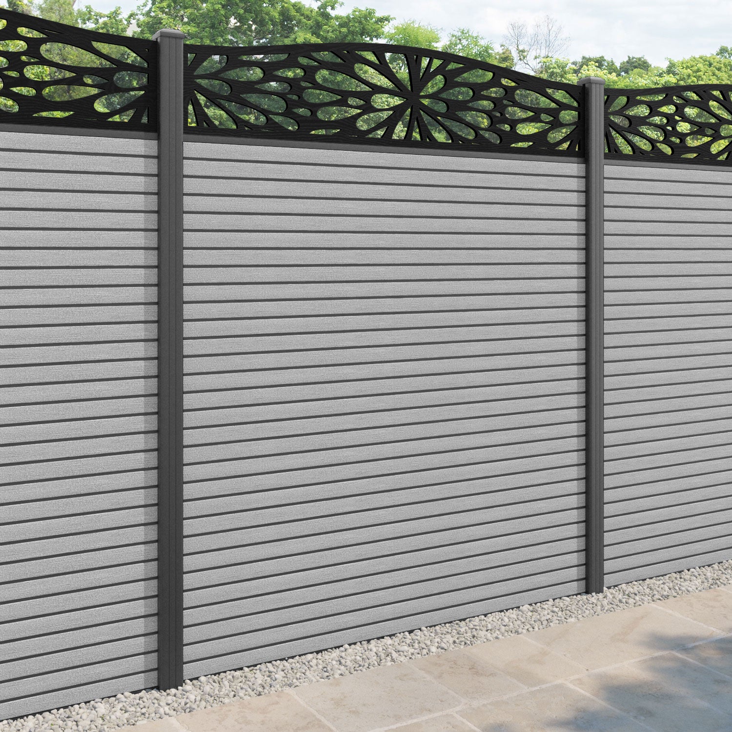 Hudson Blossom Curved Top Fence Panel - Light Grey - with our aluminium posts