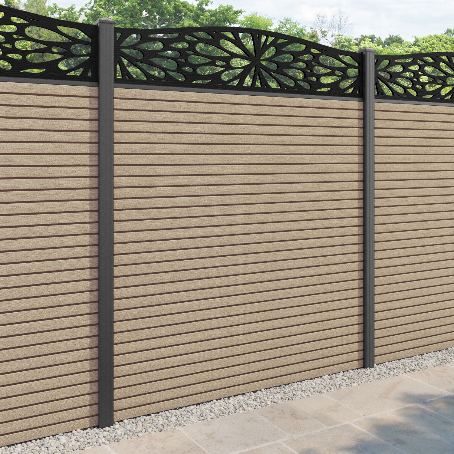 Hudson Blossom Curved Top Fence Panel - Light Oak - with our aluminium posts
