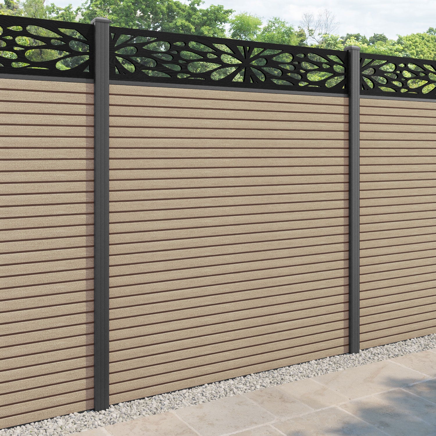 Hudson Blossom Fence Panel - Light Oak - with our aluminium posts
