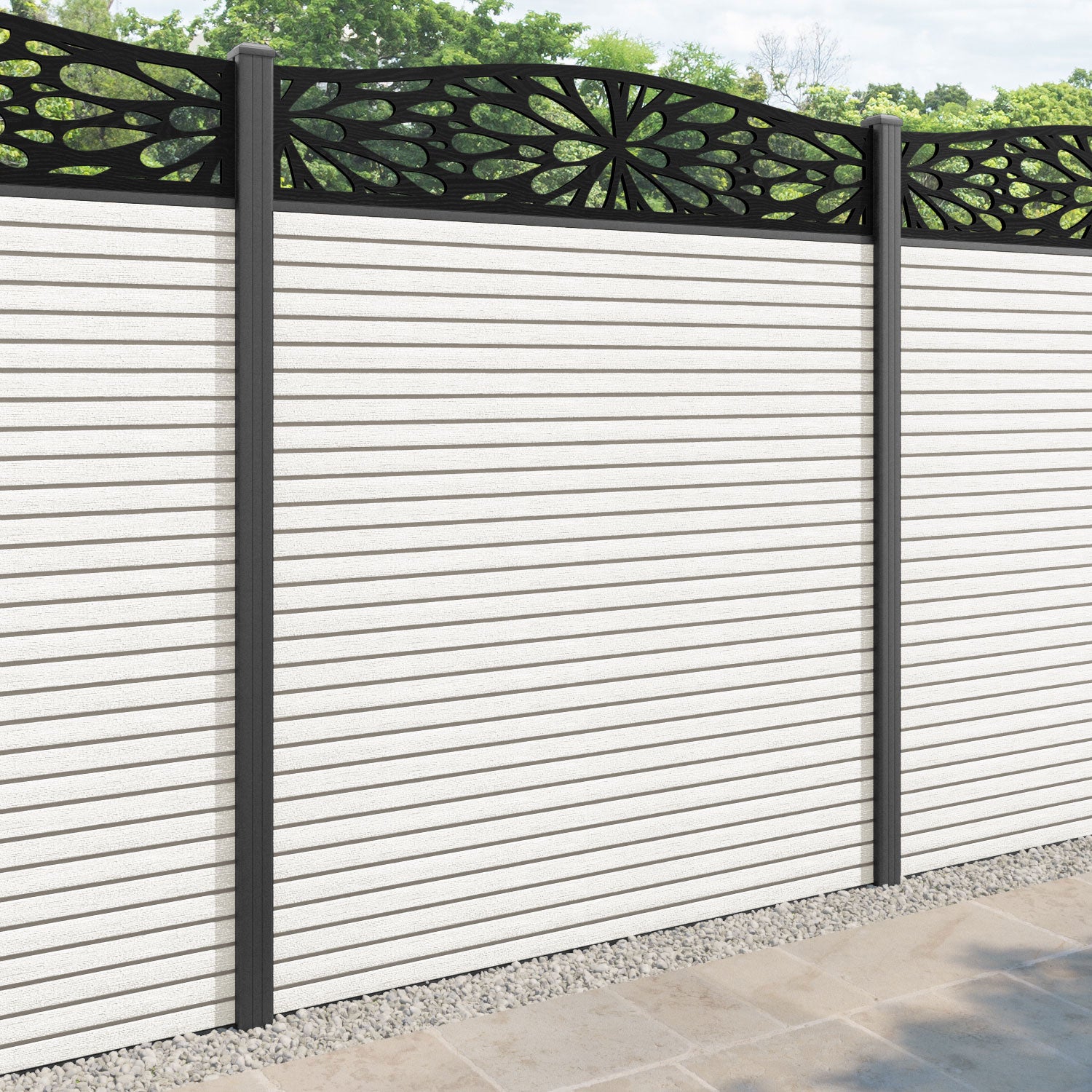 Hudson Blossom Curved Top Fence Panel - Light Stone - with our aluminium posts