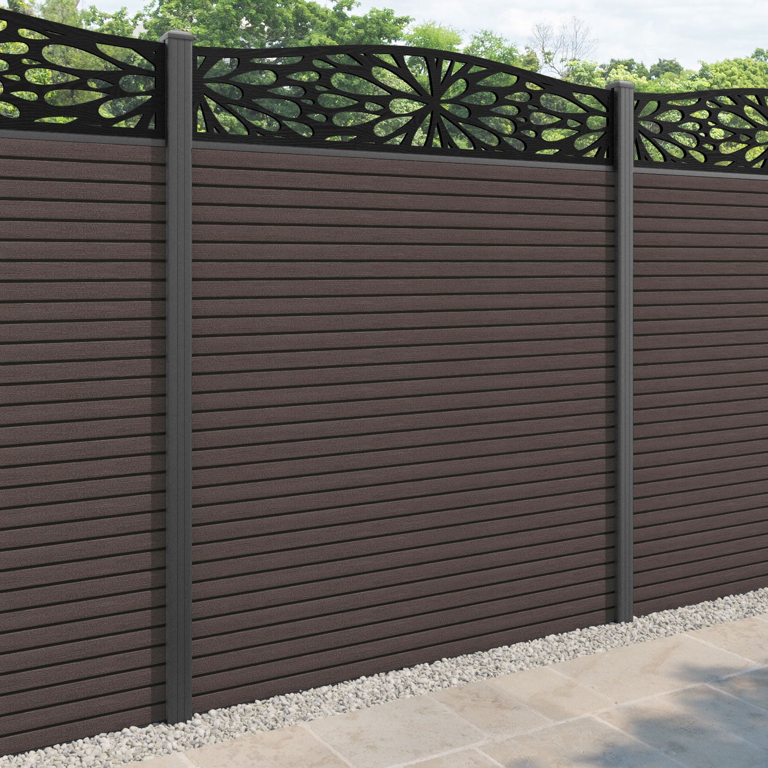 Hudson Blossom Curved Top Fence Panel - Mid Brown - with our aluminium posts