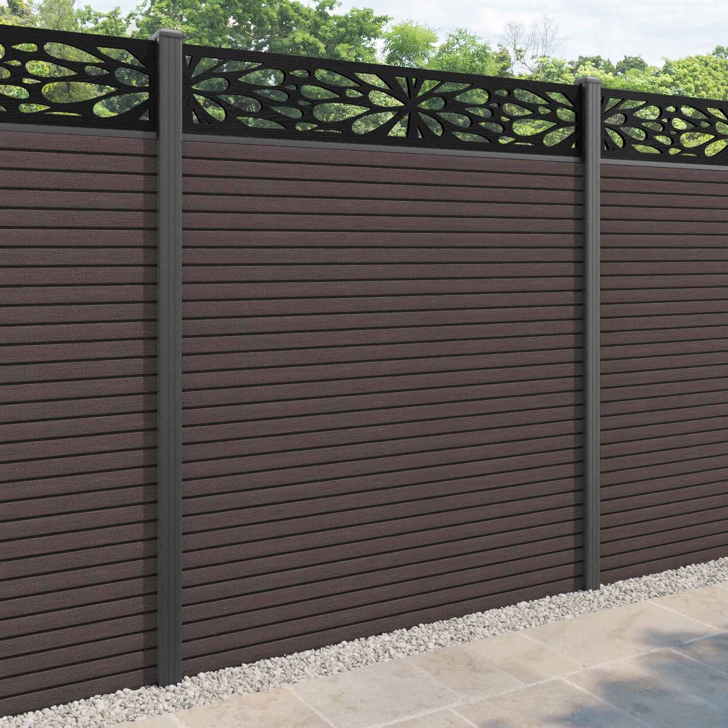 Hudson Blossom Fence Panel - Mid Brown - with our aluminium posts