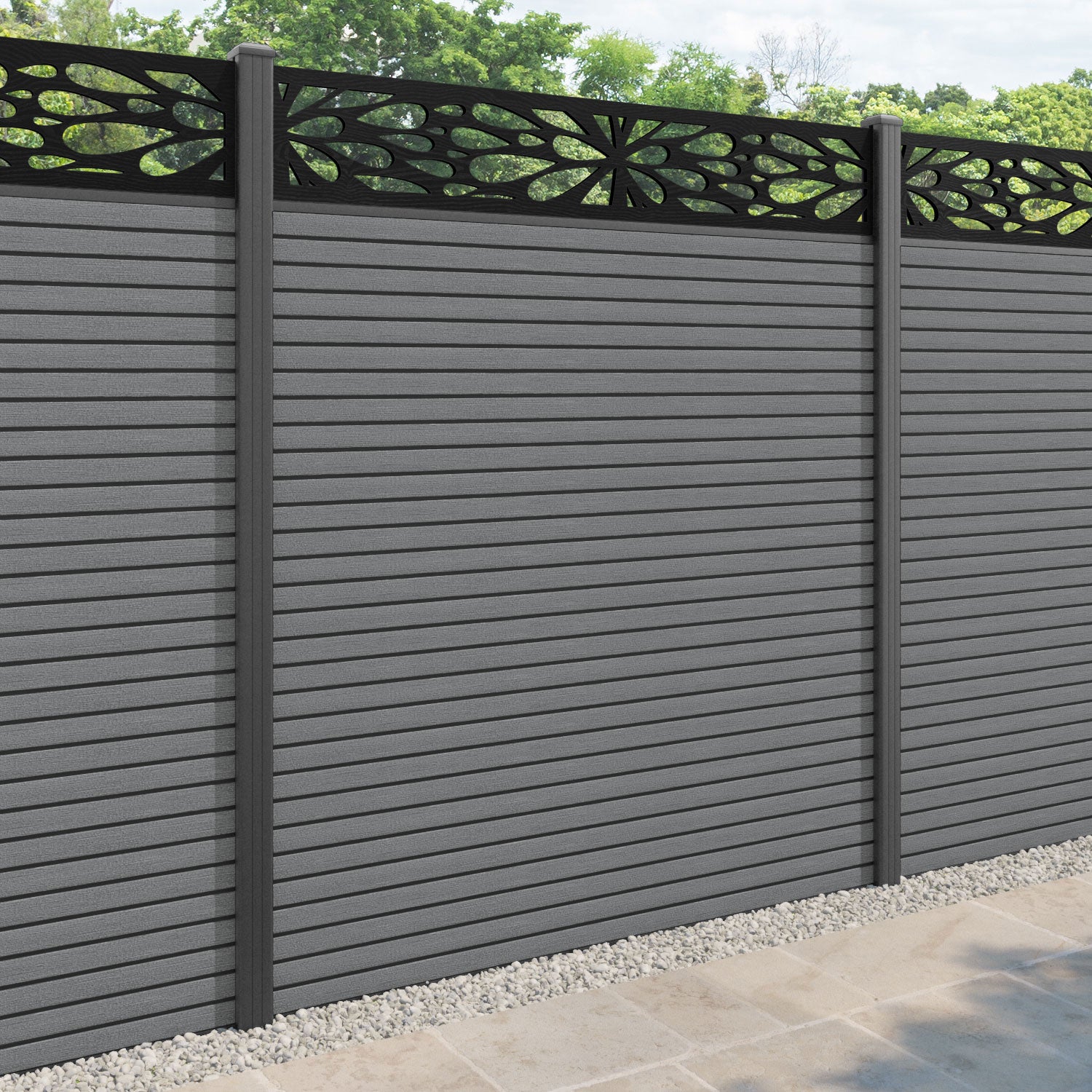 Hudson Blossom Fence Panel - Mid Grey - with our aluminium posts