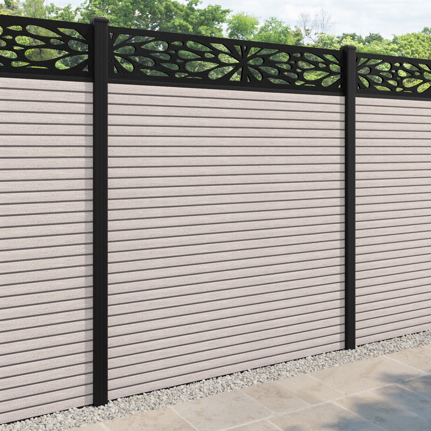 Hudson Blossom Fence Panel - Mid Stone - with our aluminium posts