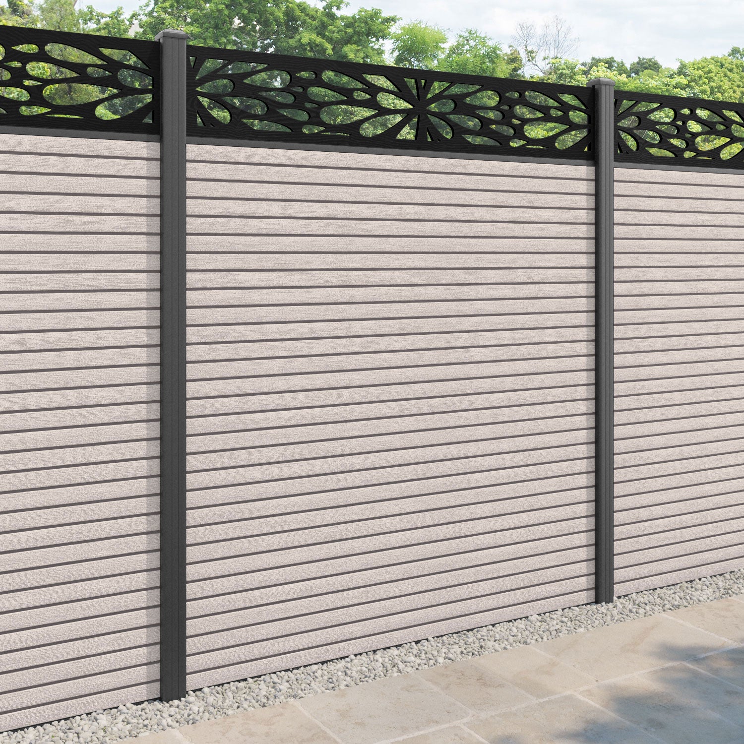 Hudson Blossom Fence Panel - Mid Stone - with our aluminium posts