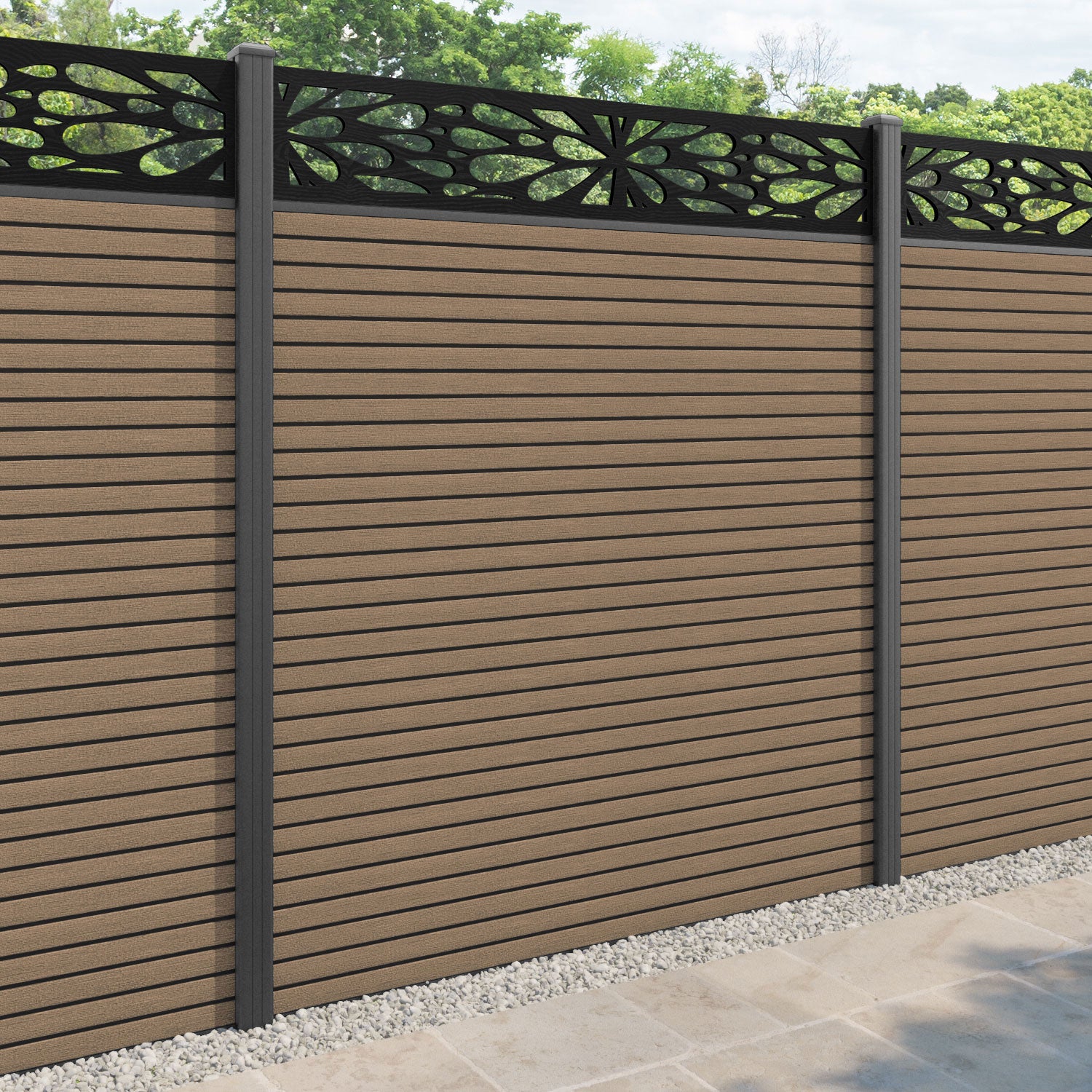 Hudson Blossom Fence Panel - Teak - with our aluminium posts