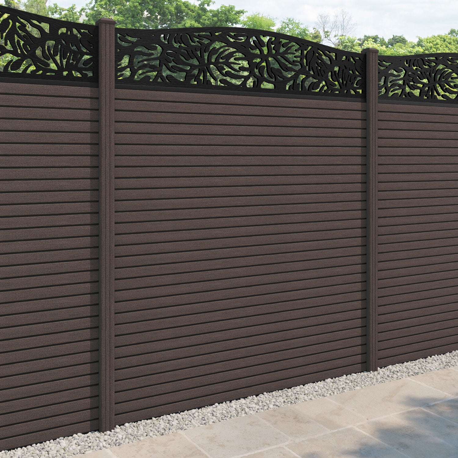 Hudson Botanic Curved Top Fence Panel - Mid Brown - with our composite posts