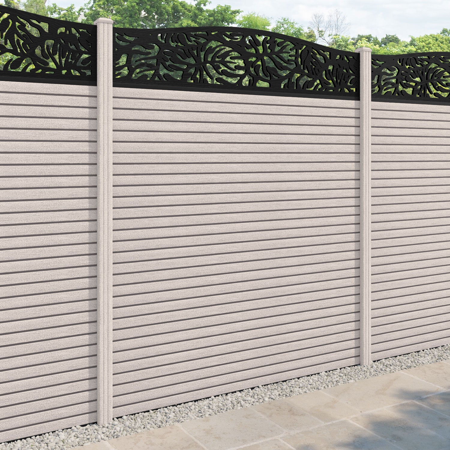 Hudson Botanic Curved Top Fence Panel - Mid Stone - with our composite posts